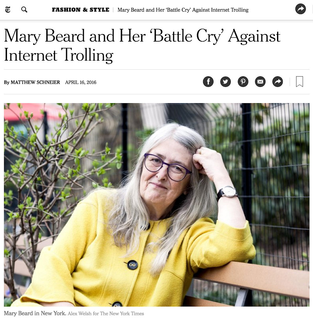 NYTimes: Mary Beard and her Battle Cry Against Internet Trolling