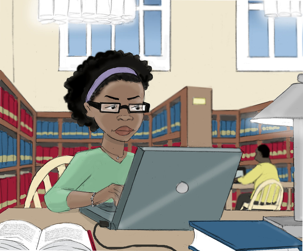A cartoon of a woman studying
